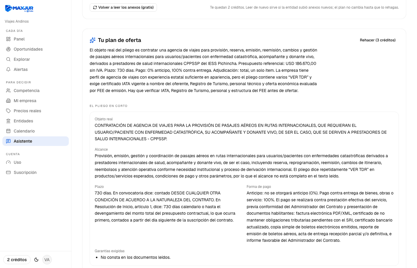El asistente de oferta: el plan generado por la inteligencia artificial con el objeto real del pliego, el alcance, el plazo, la forma de pago y las garantías exigidas.